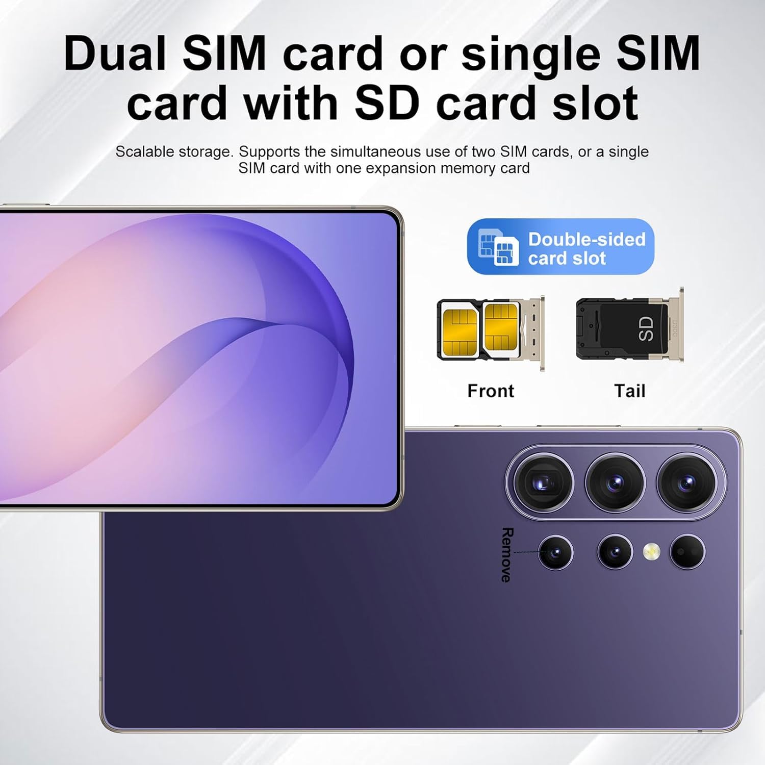 Smartphone Android 15 5G C26Ultra | Display da 6,8 pollici | 8 GB di RAM + 256 GB di memoria interna (espandibile fino a 128 GB) | Doppia SIM | Doppia fotocamera | Riconoscimento facciale | Viola