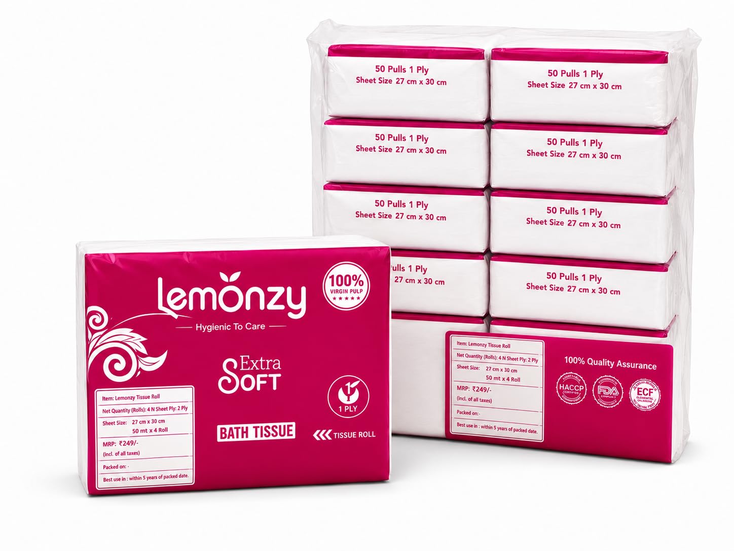 Lemonzy Extra Soft Bath Tissue, 1 Ply, 50 Pulls per Pack, Sheet Size 27 cm x 30 cm, Highly Absorbent, Pack of 10-image-47