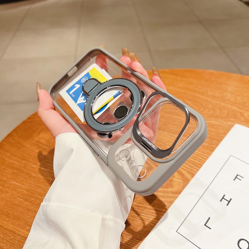 Image of LuxuryKase Magnetic Clear Case for iPhone 17 Pro | Metal Ring Stand | Camera Lens Protector Rings | Shockproof Hard PC Back | MagSafe Compatible | TPU Bumper - Grey