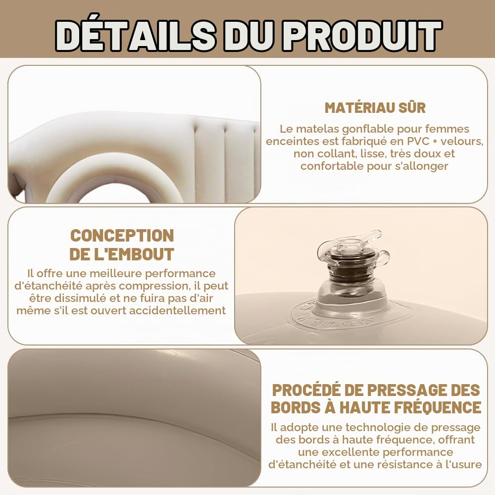 Coussin Gonflable de Grossesse, Cousin de Grossesse pour Dormir, Tapis de Yoga pour Femmes Enceintes avec Trou, Matelas Gonflable Floqué Confortable, Matelas Gonflable pour Femme Enceinte