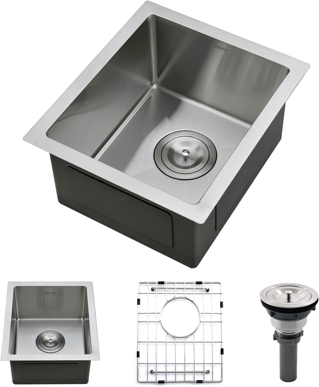 Bar Sink - PEPO 13 x 15 Inch Undermount Kitchen Sink, 16 Gauge Stainless Steel Single Bowl Small Kitchen Sinks, High-end Handmade Square Small Wet Bar Sink RV Sink, Bar or Prep Sink, Outdoor Sink