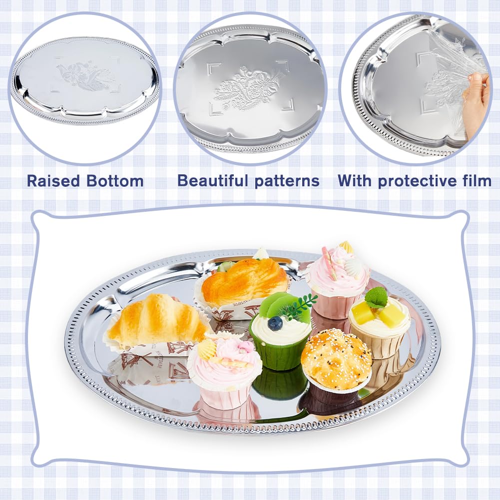 DICOSMETIC Juego de 5 bandejas grandes plateadas para servir, 40,6 x 29,6 x 1,5 cm, acero inoxidable, para barbacoa, bandejas ovaladas con grabado de flores, bandeja de metal para servir, para comida
