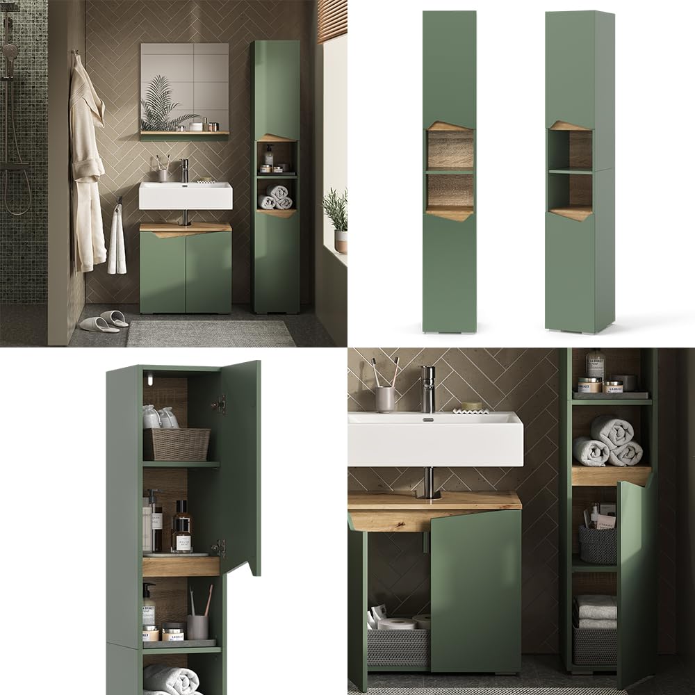 Vicco Armoire de Salle de Bain Marelle, Vert/Artisan, 30x180cm avec Portes et Compartiments Ouverts, pour Le Rangement des Accessoires de Salle de Bain et des Serviettes