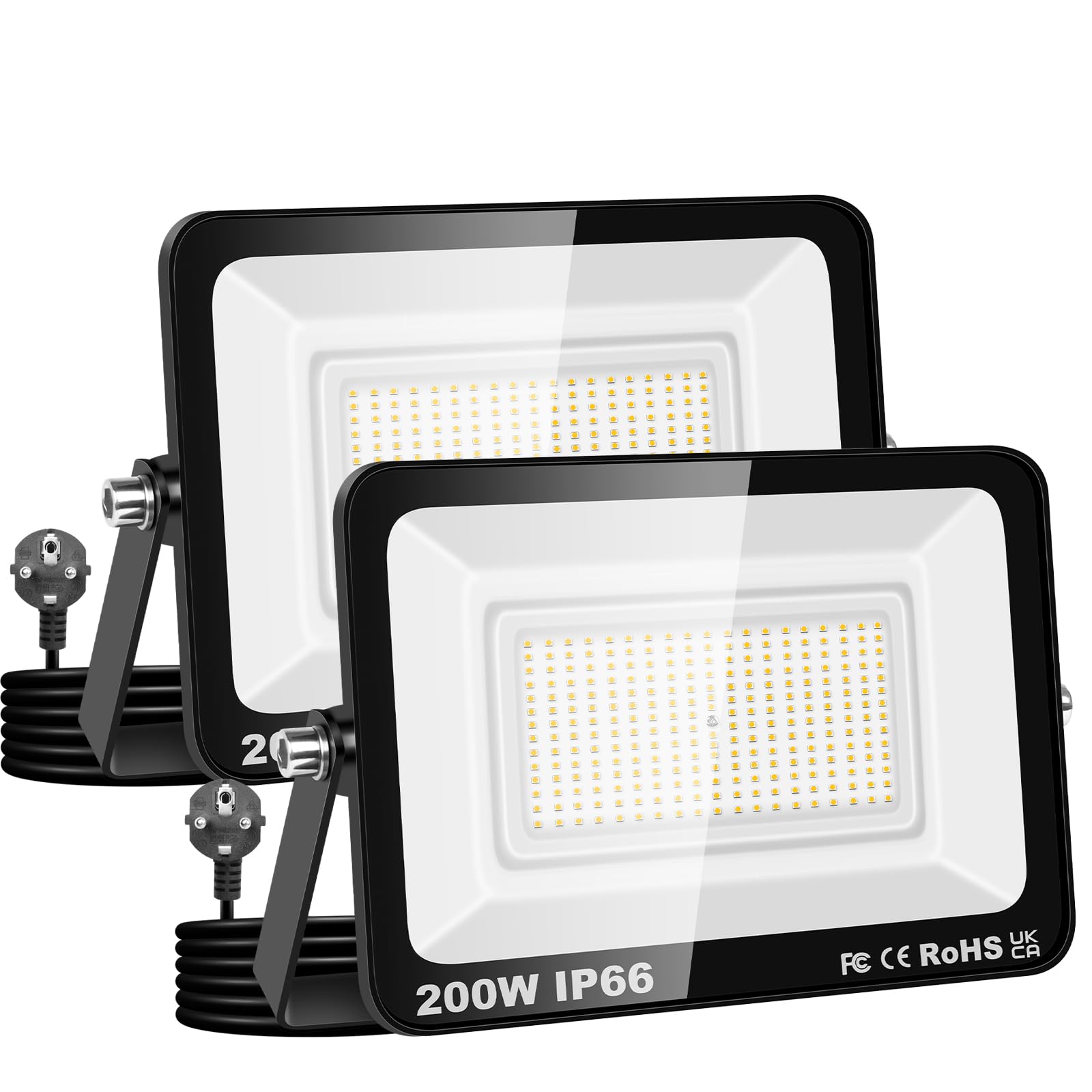 AUXTINGS 2 Stück 200W Led Strahler Außen mit Stecke, 20000LM Scheinwerfer Aussen IP66 Fluter 6000K Kaltweiß Aussenstrahler Flutlichtstrahler mit 150cm Cable für Garten Hinterhof Garage Terrassen