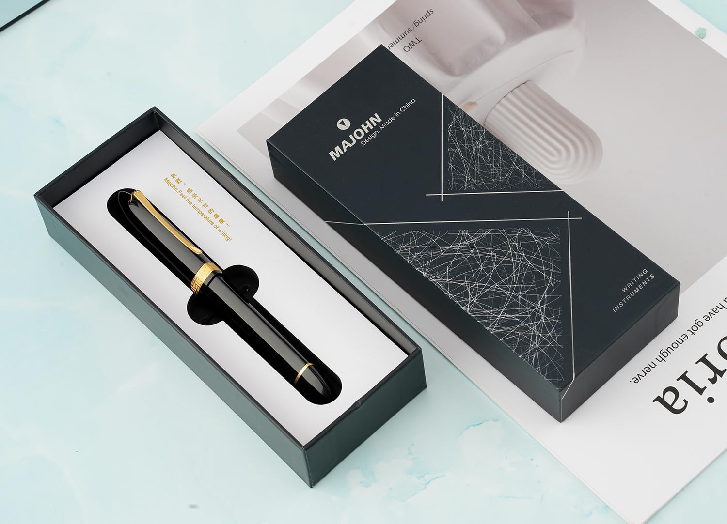 erofa Majohn V60 Triangular Piston Fountain Pen Fine Nib, Black Golden Resin Writing Office Pen with Gift Box