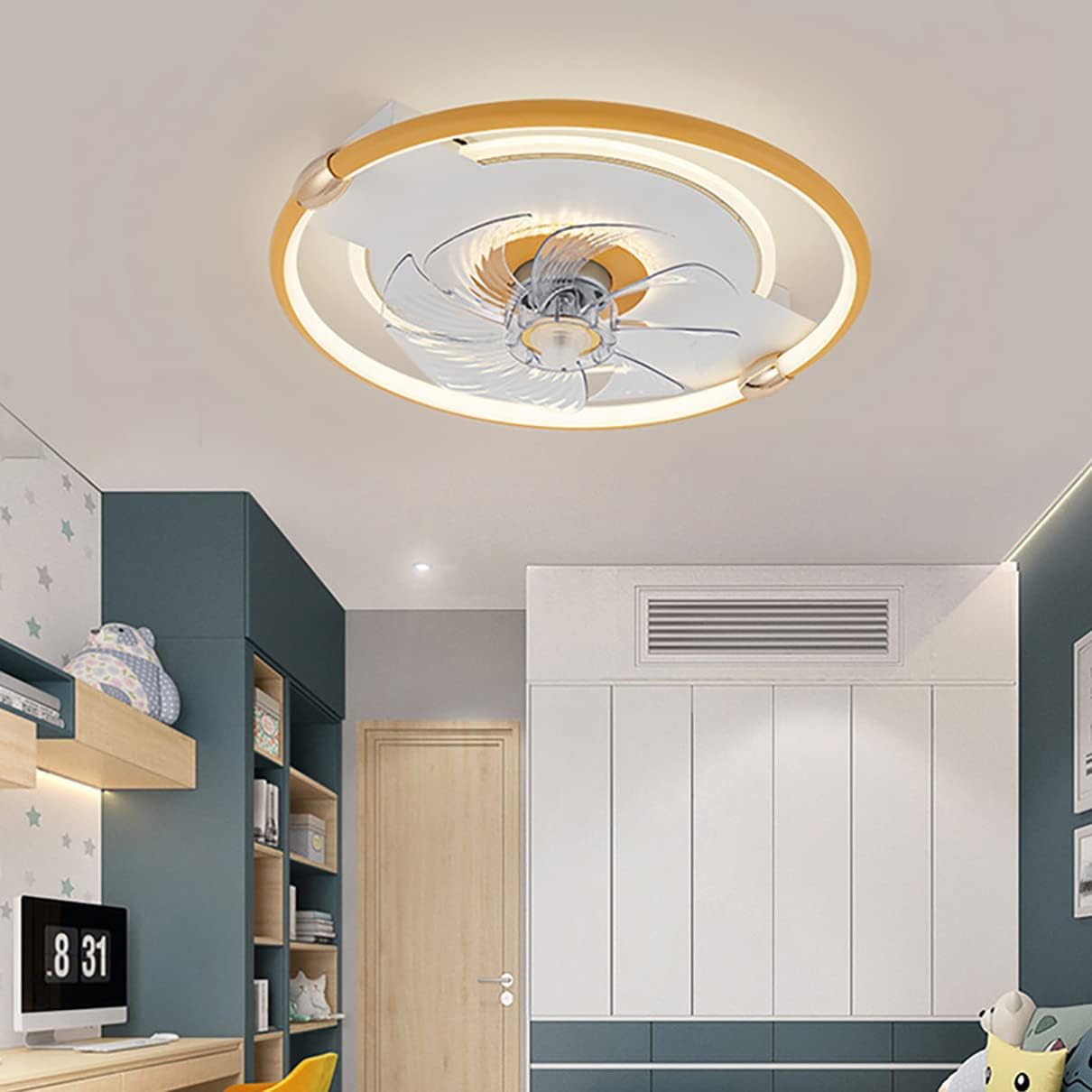 YUEGOO Ceiling Fans with Lamps,Ceiling Fan with Light and Remote Control Mute 3 Speeds Bedroom Led Dimmable Round Fan Ceiling Light with Modern Living Room/Yellow