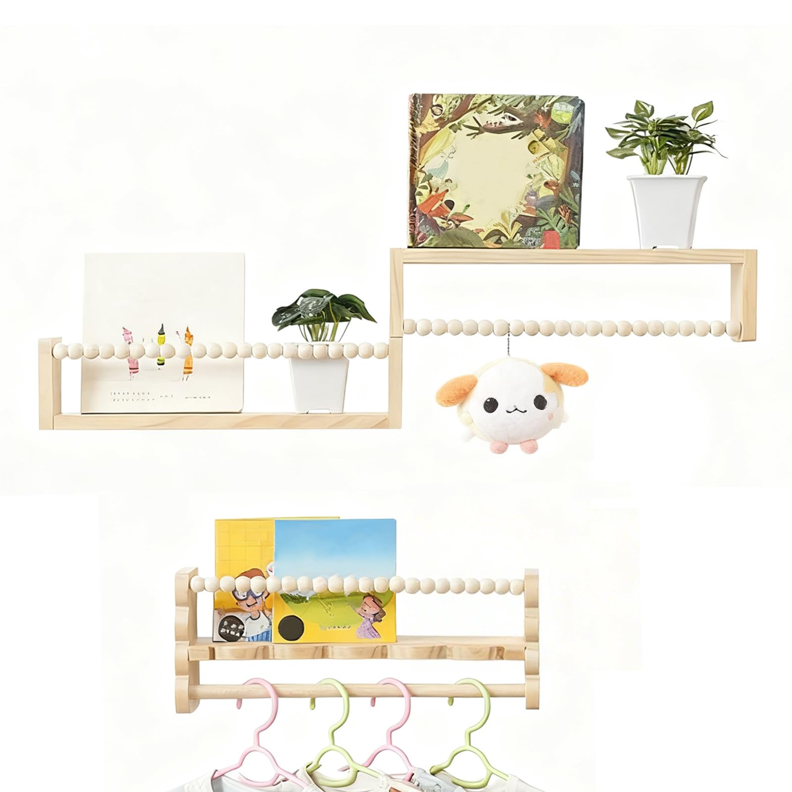 Bibliothèque Enfant, 3PCS étagère Murale en Bois Multifonctionnelle pour Chambre d'enfant avec Perles en Bois Décoration Murale étagères Flottantes pour Salle De Jeux Et Chambre - 40x10cm
