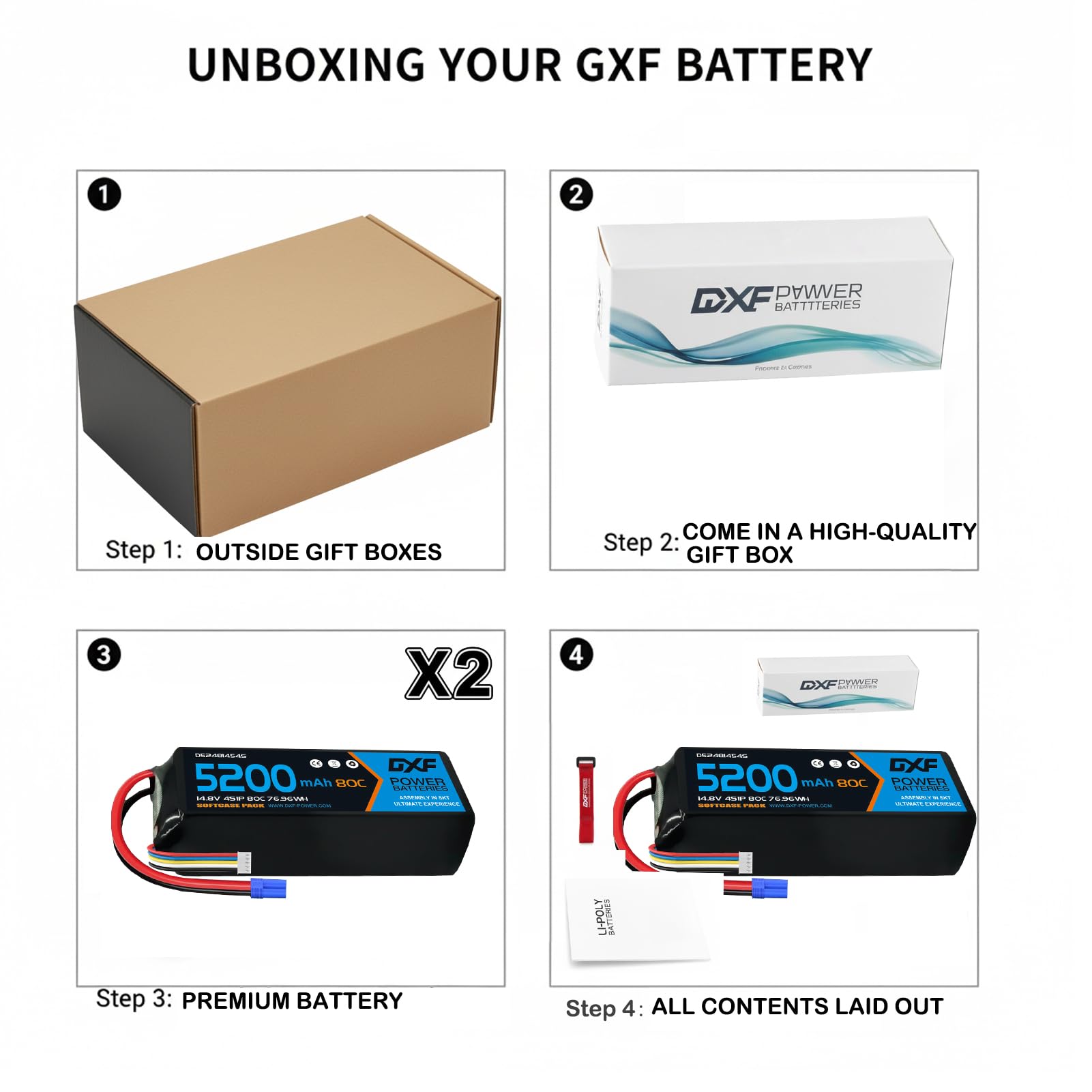 DXF Batteria LiPo 4S 14.8V 5200mAh 80C Custodia Morbida Spina EC5 Compatibile Auto RC 1/8 1/10 Veicoli Elettrici Leggera Alta Capacità Lunga Durata 2 Pezzi