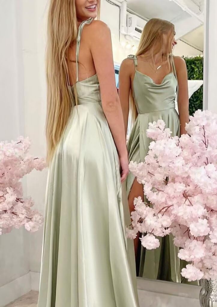 FOOHJMH Long Bridesmaid Dress for Wedding Satin Prom Dresses Lace Up Evening Party Gowns