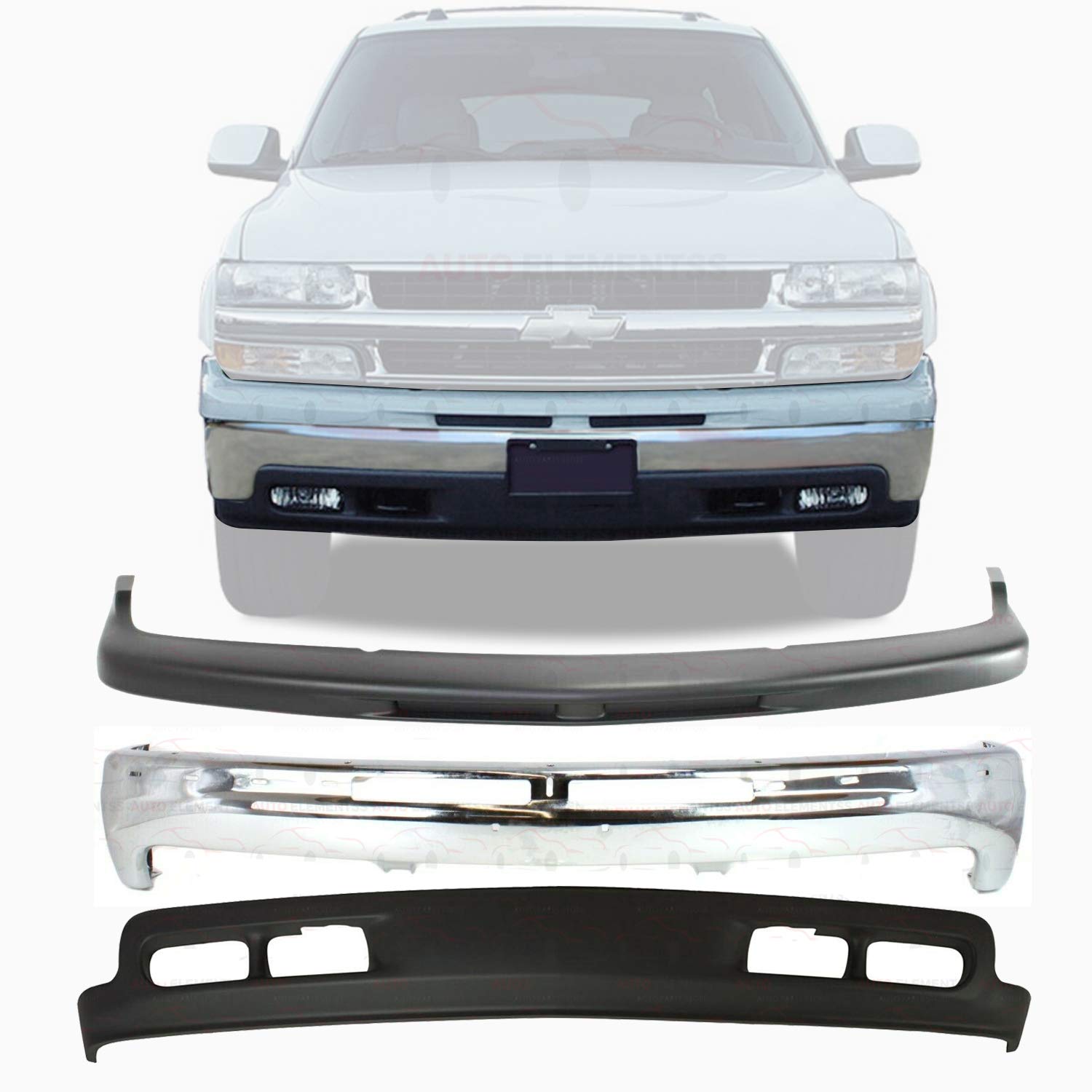 New Front Bumper Chrome Steel + Upper Cover Primed + Lower Valance Primed For 1999-2002 Chevy Silverado 1500/2000-2006 Chevrolet Tahoe Suburban 1500 Direct Replacement 12336026 15005294