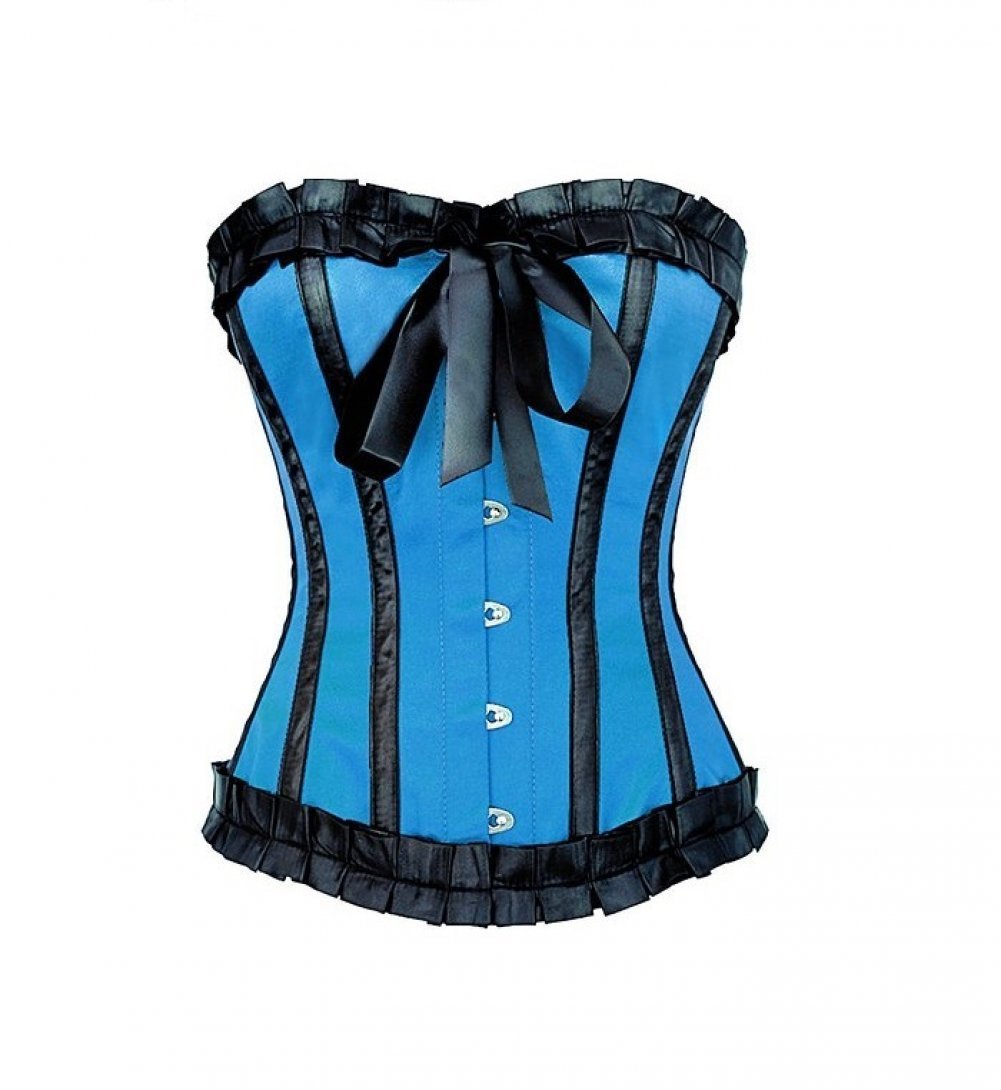 Plus Size Corset Blue Satin Black Lace Retro Costume Overbust Waist Training Top
