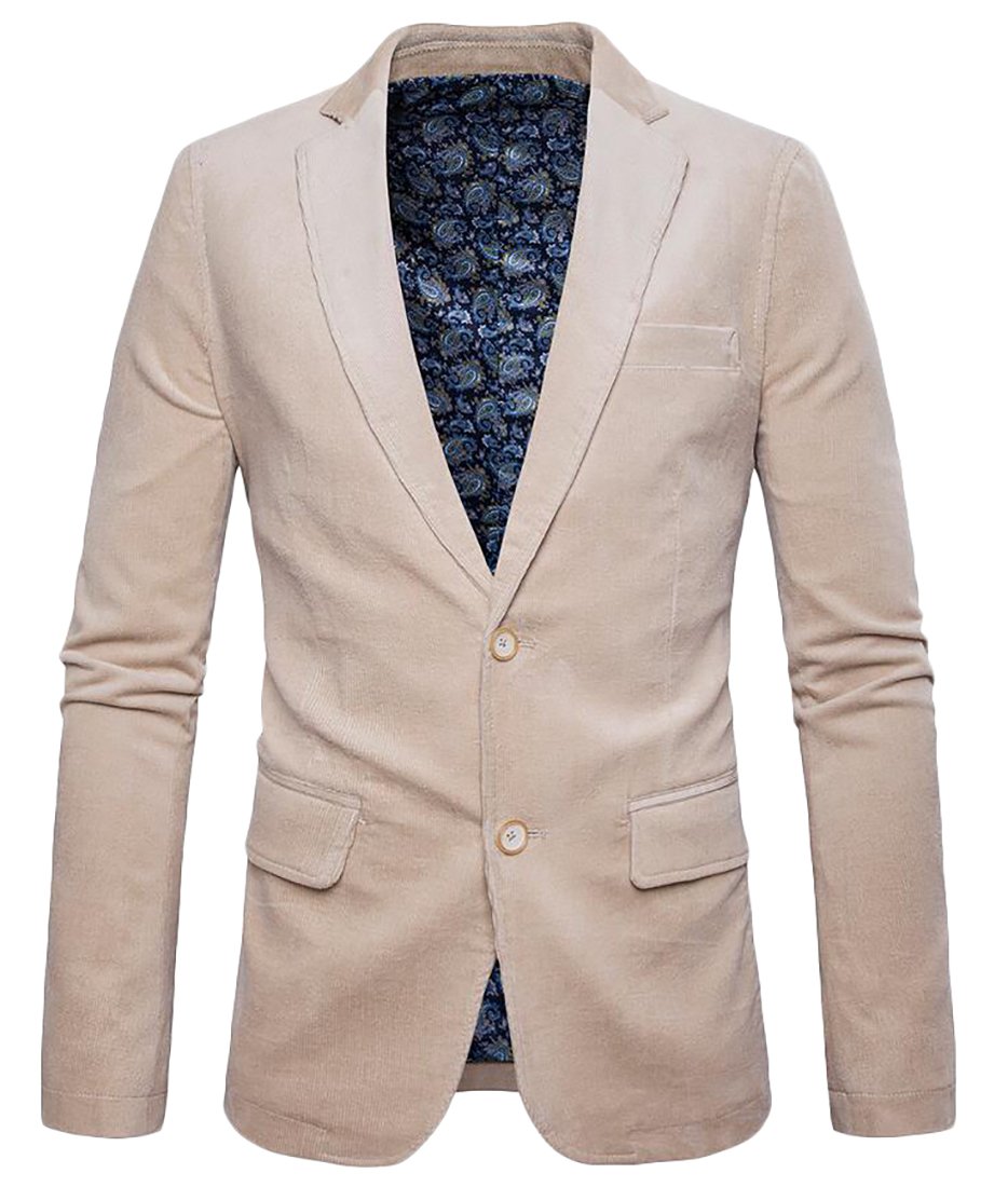 KLJRMen Stylish Solid Corduroy 2 Button Blazer Jacket Suit Beige white US XS