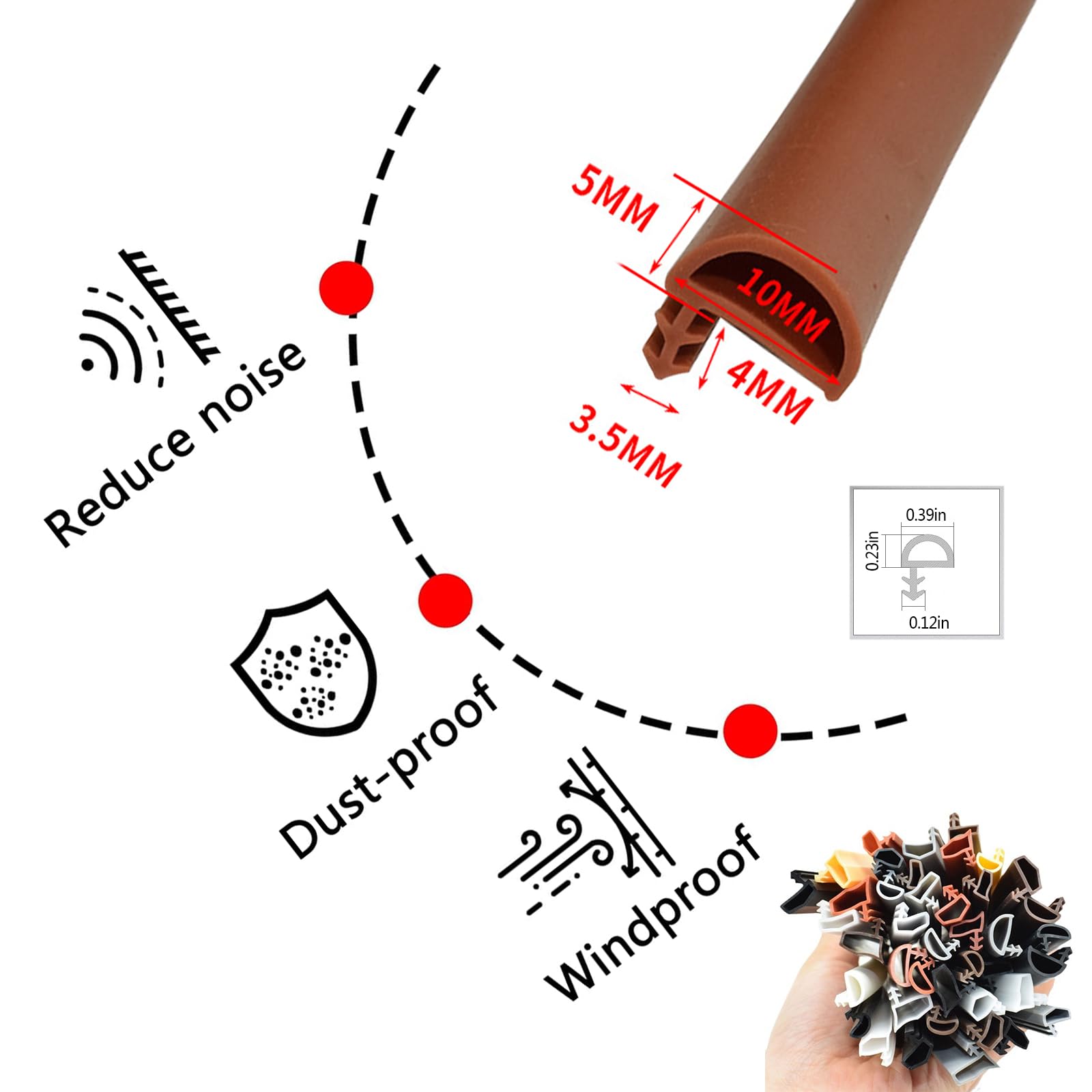 Kit di ricambio per porte e finestre, guarnizione in gomma siliconica, semicerchio, a forma di D, larghezza 1 cm, striscia spogliarello marrone scuro 50 m