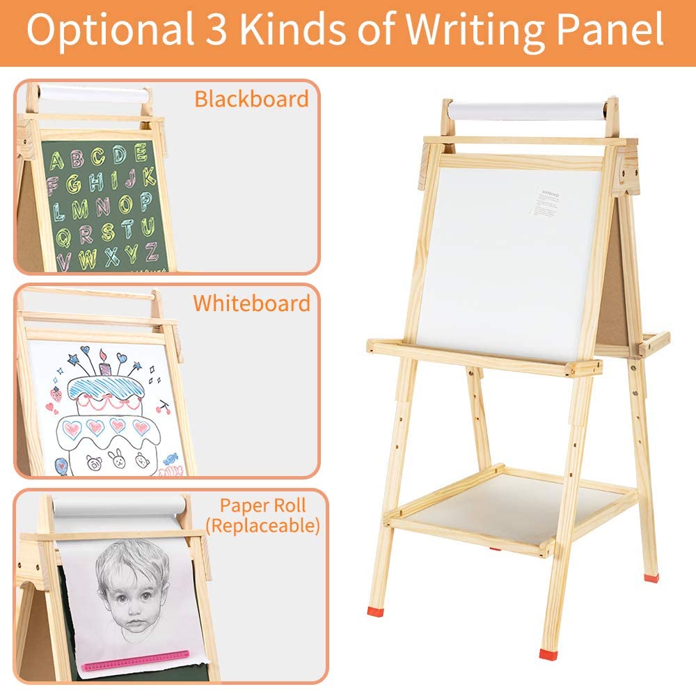 Kinder Staffelei 3 in 1 mit Papierrolle Doppelseitige Whiteboard und Tafel Kinder Spiel-tafel Holz Höhenverstellbar Standtafel 95-115CM Kindertafel mit Ablagefach Buchstaben Zahlen und Anderes Zubehör