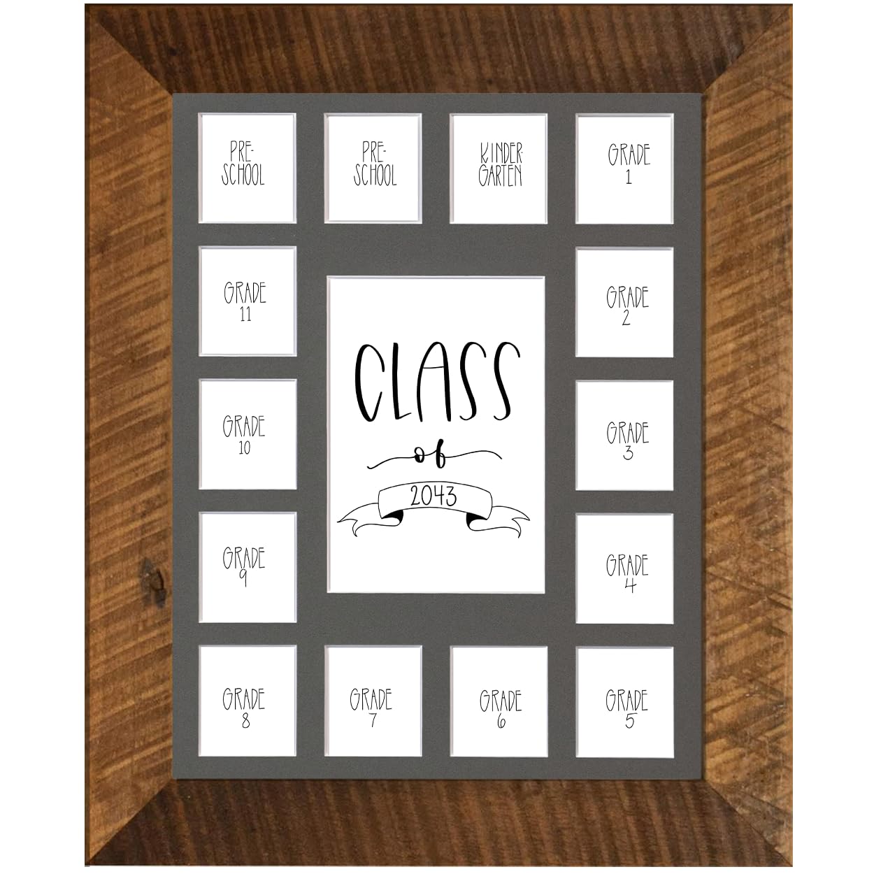 Rustic Red Door Co. School Years Reclaimed Wood Picture Frame with Mat - 11x14 Wooden Framed 15 Photo Collage Mat Pre-School &amp; Kindergarten to 12th Grade High School Graduation (Class of 2043, Gray)