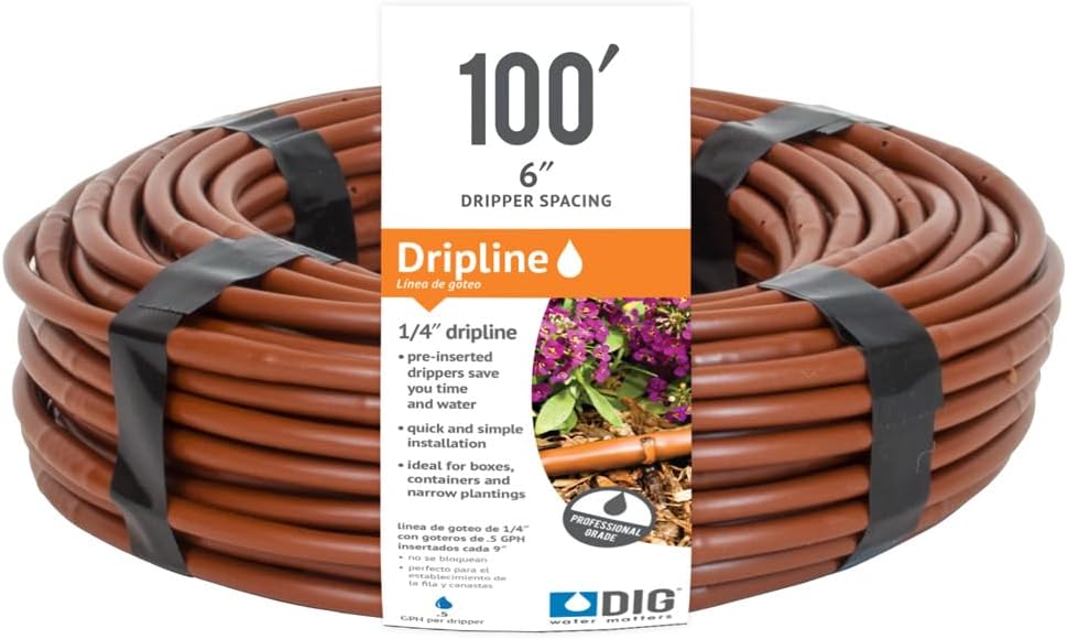 ¼” 100’ MICROLINE™ Dripline - Enhanced 6” Emitter Spacing, UV-Resistant, Perfect for Diverse Garden Layouts (Brown) SHB106