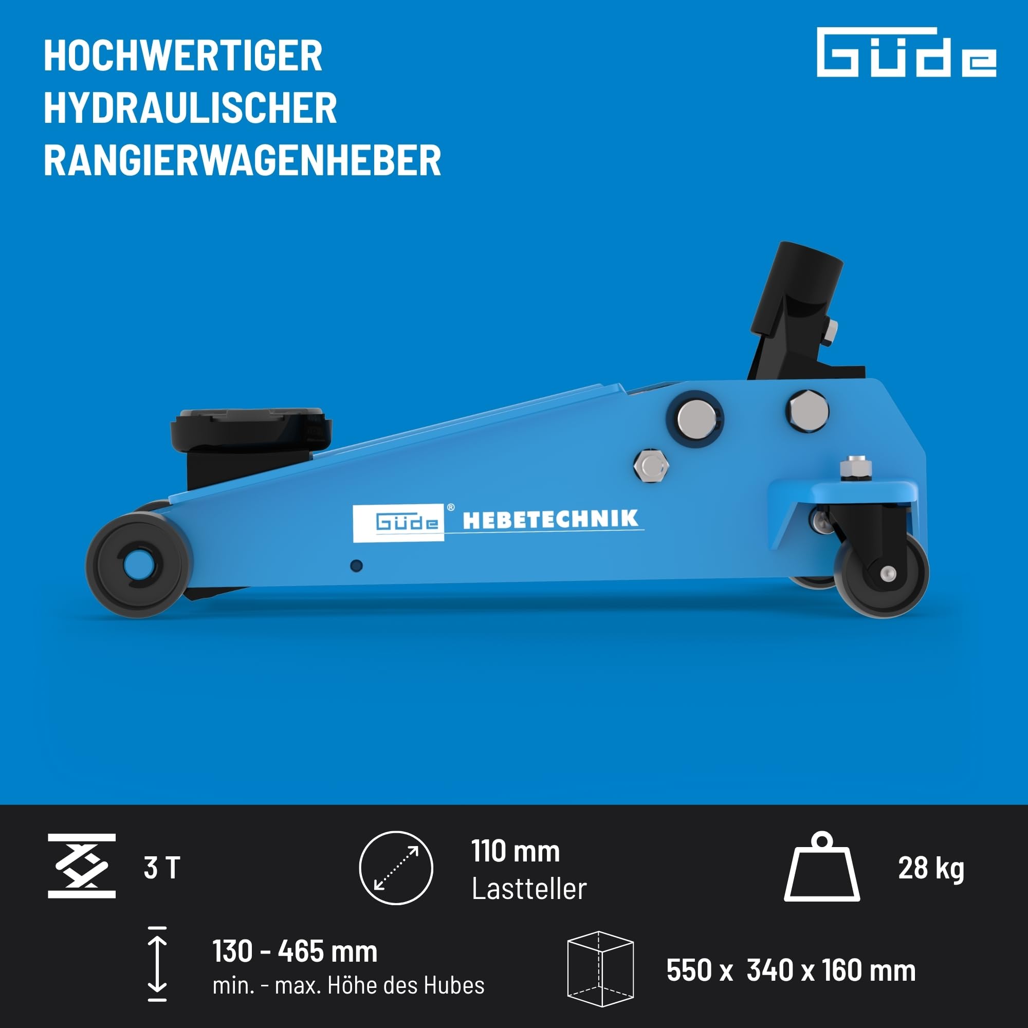 Güde GRH 3/470 Rangierwagenheber 3 Tonnen Hubkraft 11 cm Lastteller 13-46,5 cm Hubhöhe 360° Lenkrollen