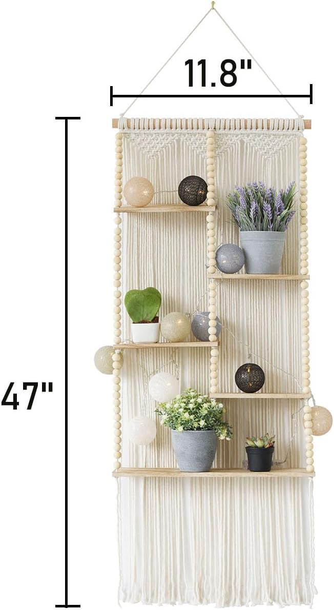 Macrame Wall Hanging Shelf Boho Wall Decor Home 2 Tier Hanger Shelves Braided with Tassels Shelves Organizer for Kitchen, Bedroom, Home Storage, Floating Plant Shelf (Wood)