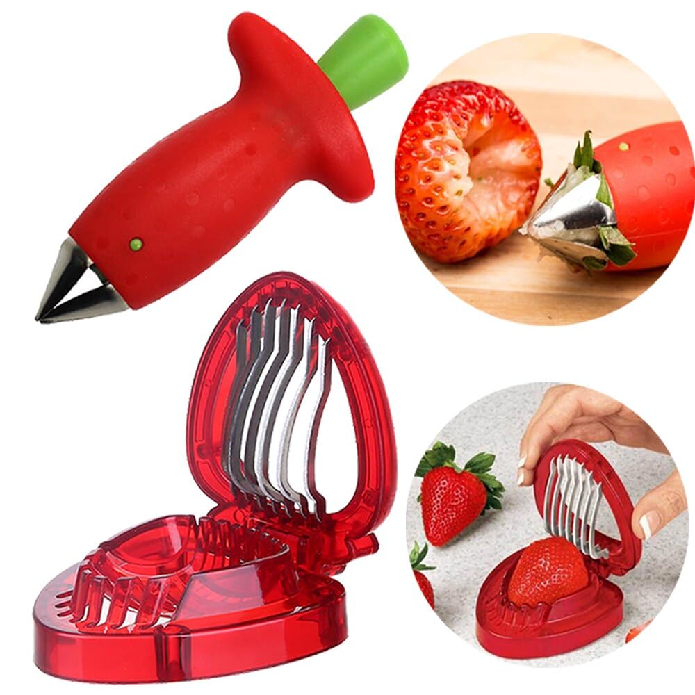 3pcs Strawberry Slicer/Cutter/Corer, Strawberry Huller Fruit Leaf Stem Remover Salad Cake Tools for Kitchen Gadget Accessories, 2 Leaf Stem Removers, 1 Cutter