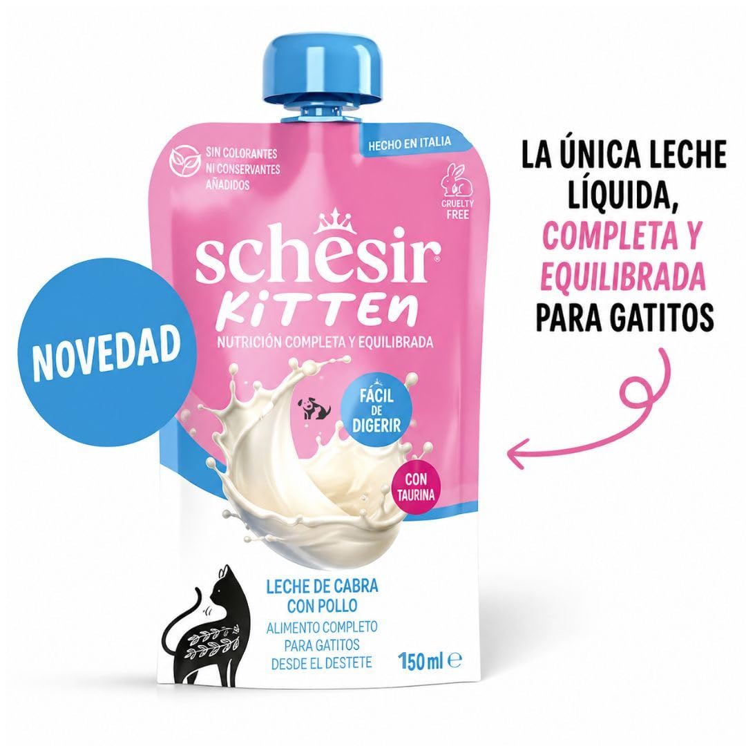 ANIMALUJOS - Kit Lactancia Gatitos con 6xLeche de Cabra Schesir 150ml Incluye Biberón Tetina Cepillo, Alimento Completo Sin Cereales con DHA Taurina para Cachorros Recién Nacidos