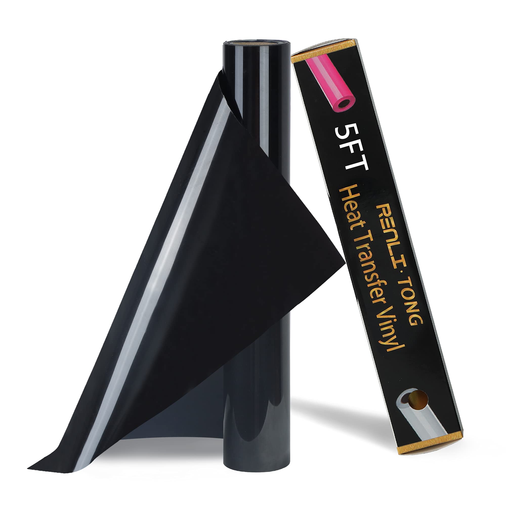 RENLITONG Black Iron on Vinyl - 12Inch by 5ft Roll HTV Heat Transfer Vinyl for T-Shirt HTV Rolls for All Cutter Machine - Easy to Cut &amp; Weed for Heat Transfer Design