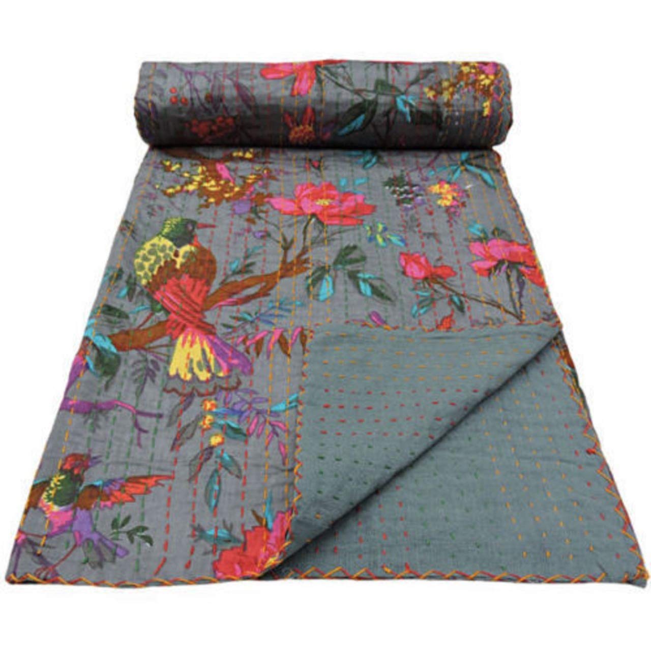 Fortune Creation Double Bed Katha Work Hand Stitched Double Thick bedsheets Bed Cover (Size: 90×108)-image-21