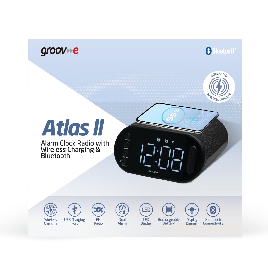 groov e Atlas II - Reloj Despertador Digital con Radio FM, Carga USB e inalámbrica, Pantalla LED y Alarma Dual, Funciona con USB o batería Recargable