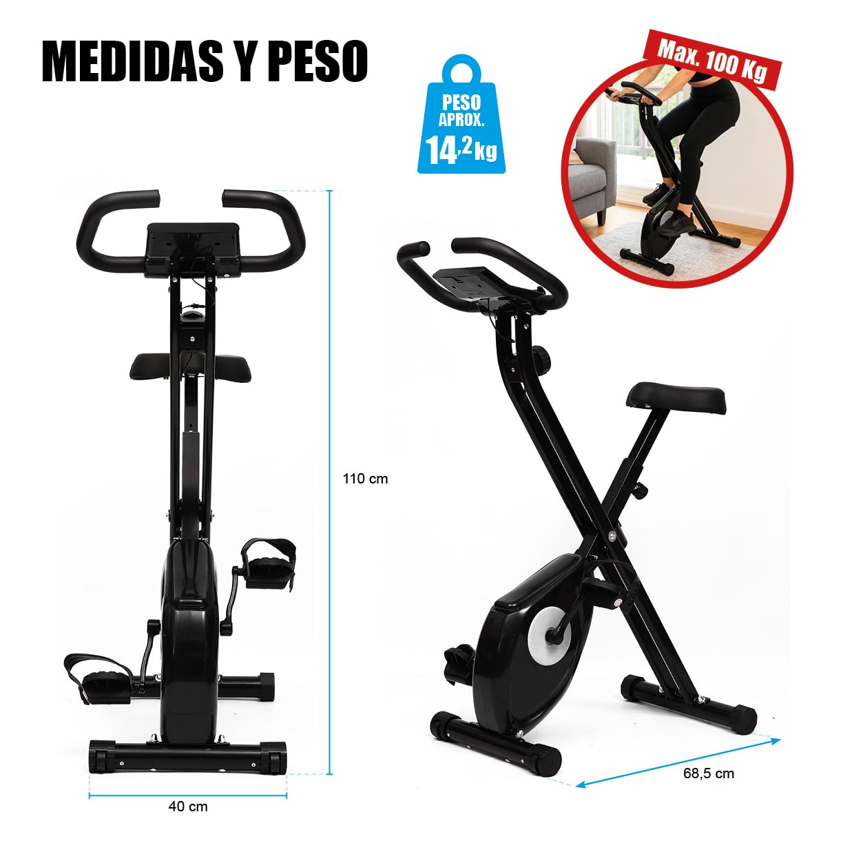 Bicicleta Estática Plegable (8 Niveles de Resistencia) para el Día a Día | Elíptica para Fitness en Casa y Spinning | Pulsómetro + Monitor LCD + Registro de Actividad | Asiento Recolchado Ajustable