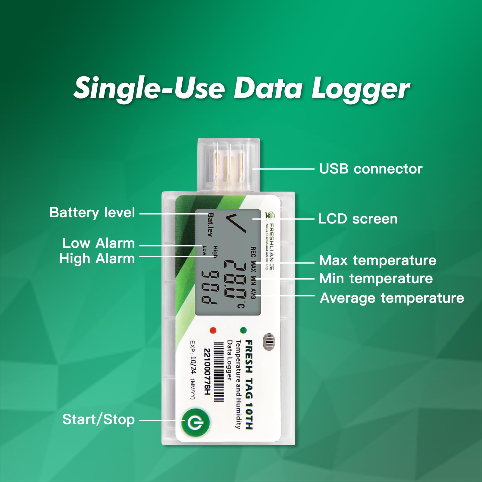 Freshliance Registrador de datos de humedad y temperatura LCD, grabadora de humedad de temperatura USB de un solo uso con informe PDF o CSV, 65000 lecturas de -30.0 °C ~ 70.0 °C de alta precisión, 30