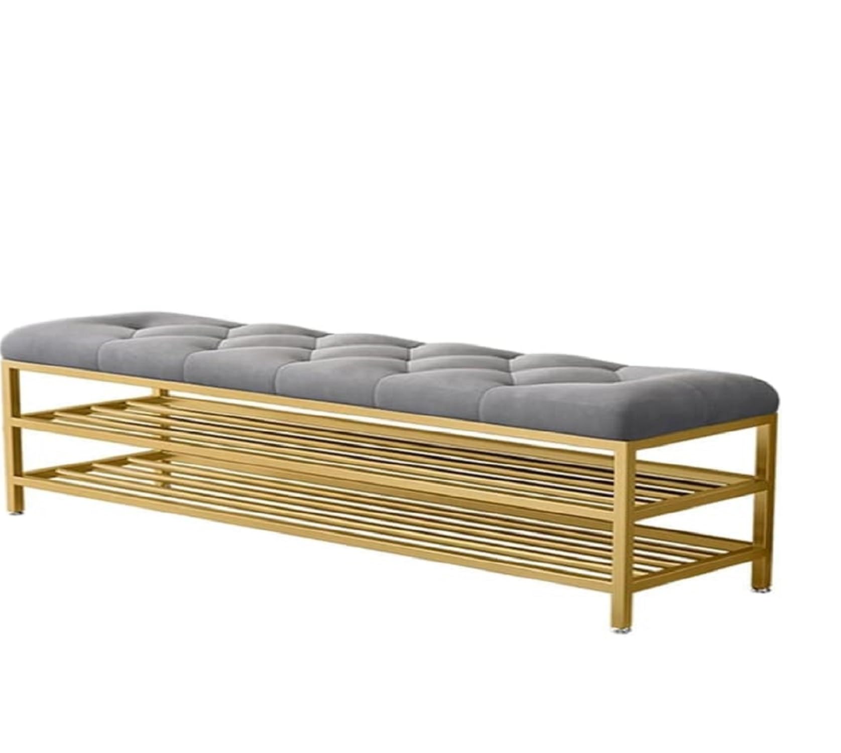 Padded Ottoman Bench Velvet Cushioned with Metal Frame Iron Shoe Rack Space-Saving for Bedroom Entryway Hallway-image-34