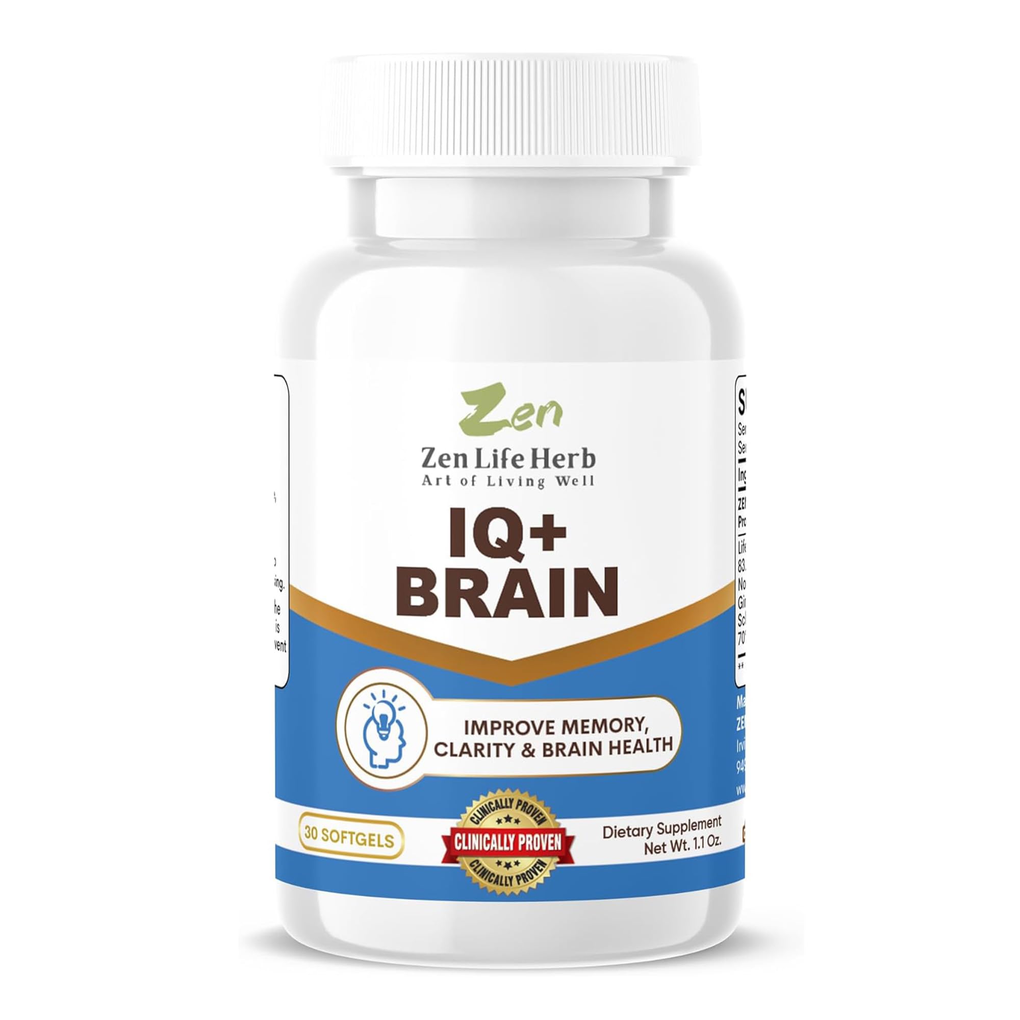 ZEN LIFE HERB IQ+ Brain - Caffeine-Free, Clinically Tested Focus, Concentration, Memory & Energy, Natural Plant-Based Herbal Supplement, No Added Vitamins/Minerals/Mushroom/Sugar (30 Softgels) 30 Count (Pack of 1)