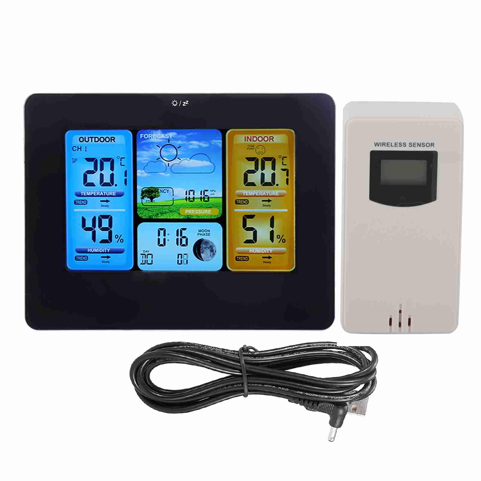 Ejoyous Drahtlose Wetterstation, Digitale Wetterstation aus Beschichtetem Glas mit Innen- und Außenthermometer, Farbdisplay, Wettervorhersagealarm Mondphase, für den Schreibtisch Zur Wandmontage zu