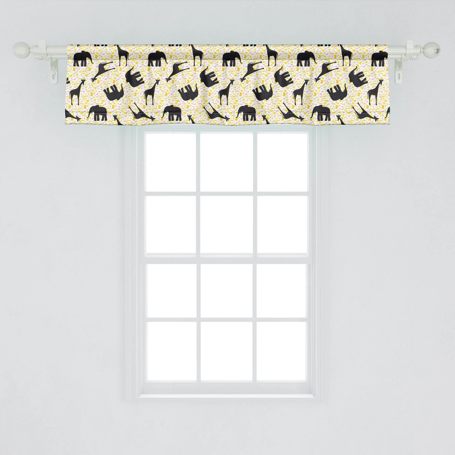 Ambesonne Giraffe Window Valance Pack of 2, Pattern Cartoon Giraffes Elephants on Spotty Background Wildlife, Rod Pocket Curtain Valances for Kitchen Bedroom, 54