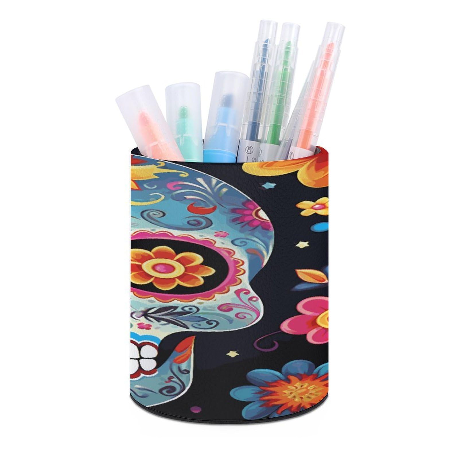 LDGSUPH Sugar Skulls Round Pen Holder Leather Pen Cup Pencil Cup Pen Organizer Pencil Holder for Desk Organizer Pencil Organizers Makeup Brush Holders for Home Office Gift