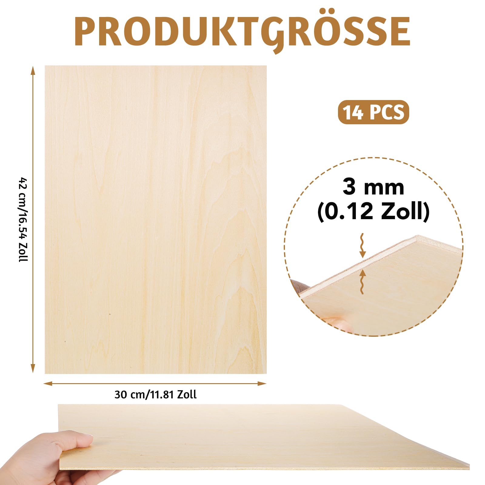 Płyta ze sklejki A3 3 mm, 42 x 30 cm, do majsterkowania, do majsterkowania, cienka, do malowania, pirografii, cięcia laserowego, prac ręcznych, 14 sztuk