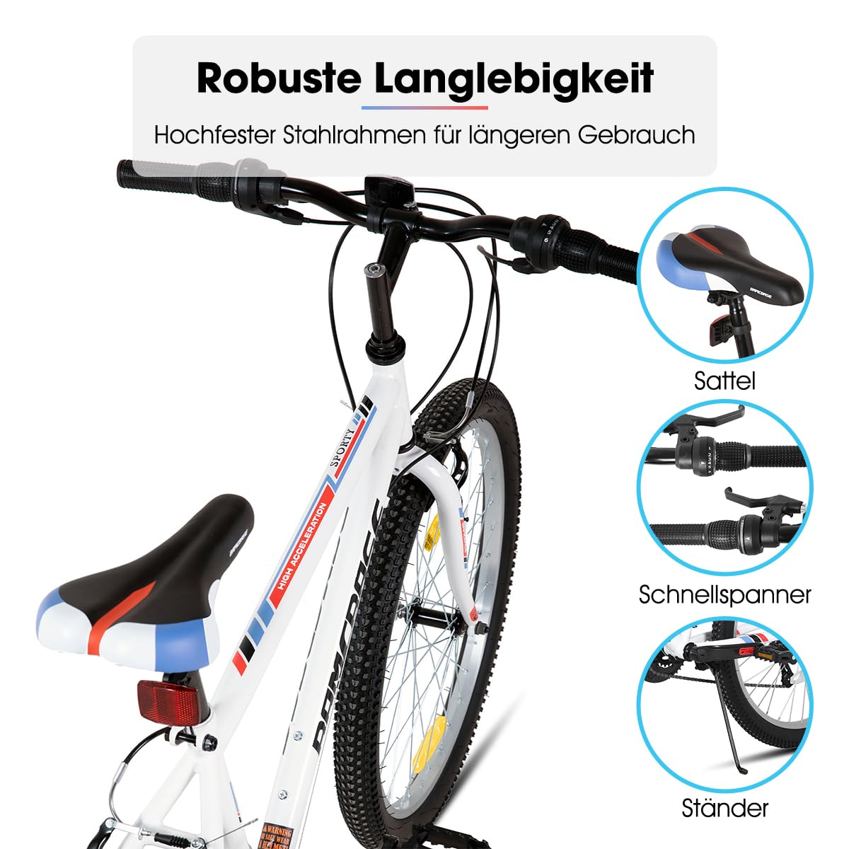 Hiland Rower górski 24", dla młodzieży i dorosłych, 18-biegowy rower z podwójnym hamulcem V-Brake, rama ze stali wysokowęglowej, rower MTB dla młodzieży, kobiet i mężczyzn, biały