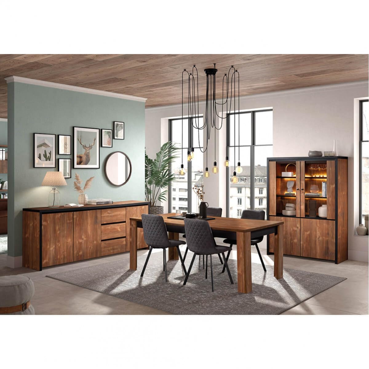 AltoBuy STALONE - Argentier 4 Portes Effet Bois Manguier Foncé et Noir