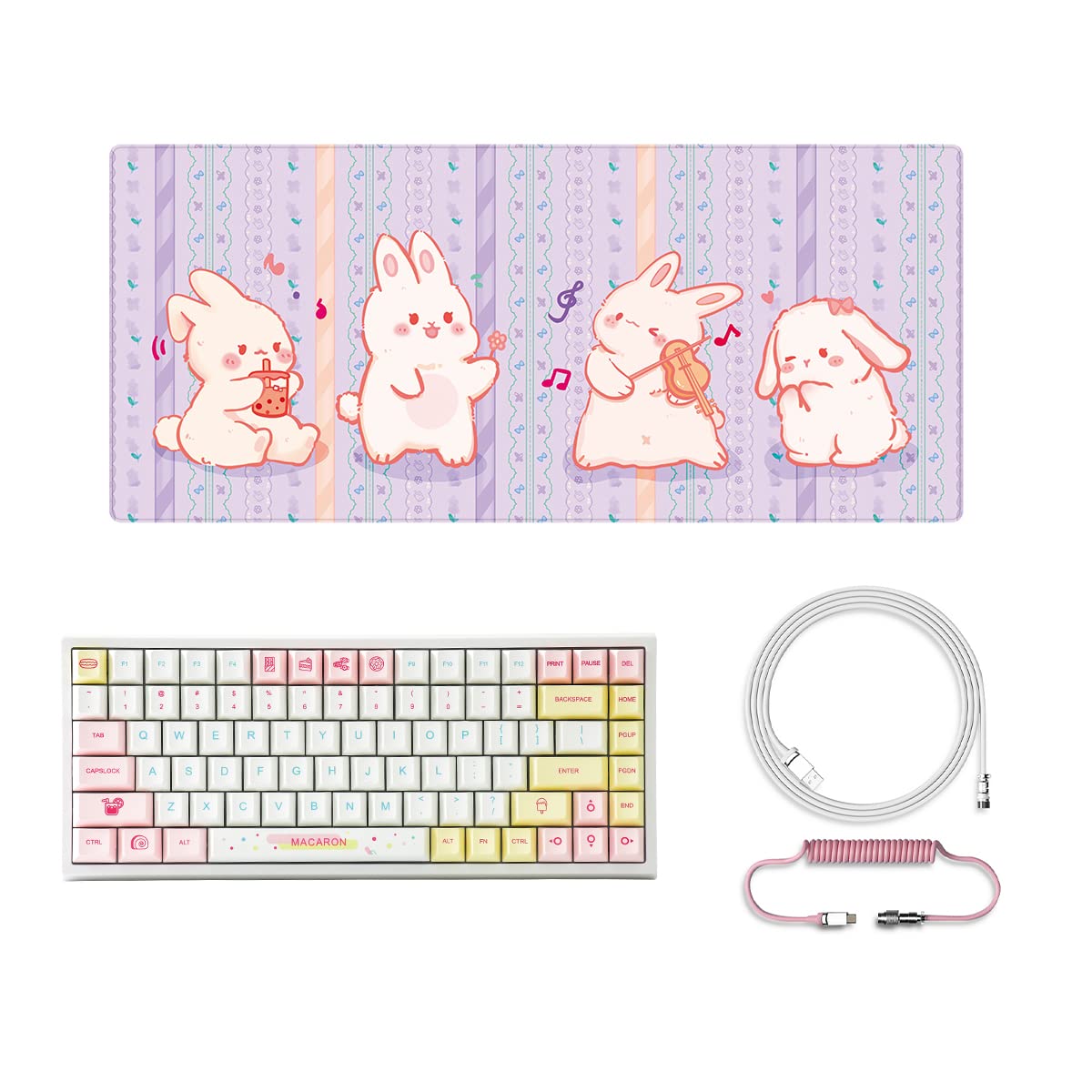YUNZII Macaron Mechanical Keyboard (Gateron Brown Switch,Macaron) and Coiled Keyboard Cable with Aviator(White Pink) and Gaming Mouse Pad Rabbits