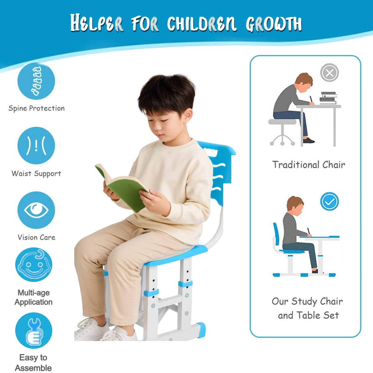 NUCARTURE Adjustable Kids Study Table with Chair Set 3 to12 Years Drawing Learning Reading Children Study Desk Table with Chair Kids Studying Table with Book Pen Holder (Blue) - Image 4 thumbnail