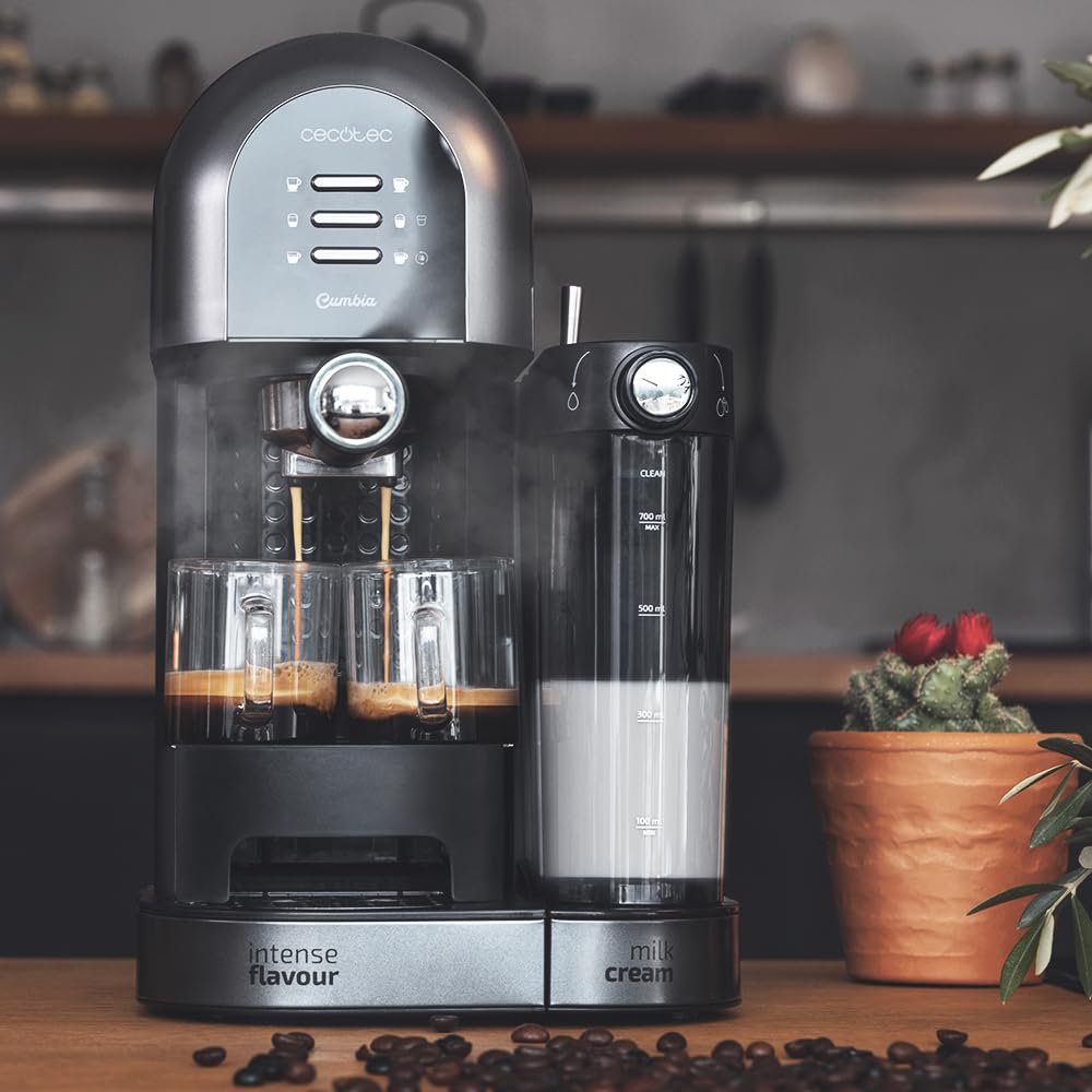 Cecotec Semiautomatischer Kaffee Instant Power-ccino 20 Chic Nera Serie. für gemahlenen Kaffee und Kapselkaffee 20 Riegel, Milchtank 0,7 ml, Wassertank 1,7 l. | 20-bar-Pumpe, für Pulver und Kapseln, InstantCappuccino, 700-ml-Milchtank, Custom Coffee, Ther