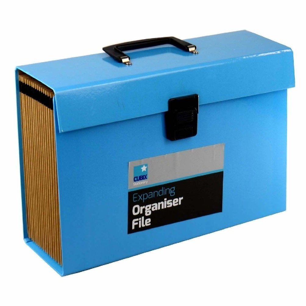 ASAB 19 Pocket Expanding File Folder Holder - A4 Closable Document Organiser - Portable Foolscap Wallet with Top Tabs for Label - Paperwork Box with Handle (Blue)
