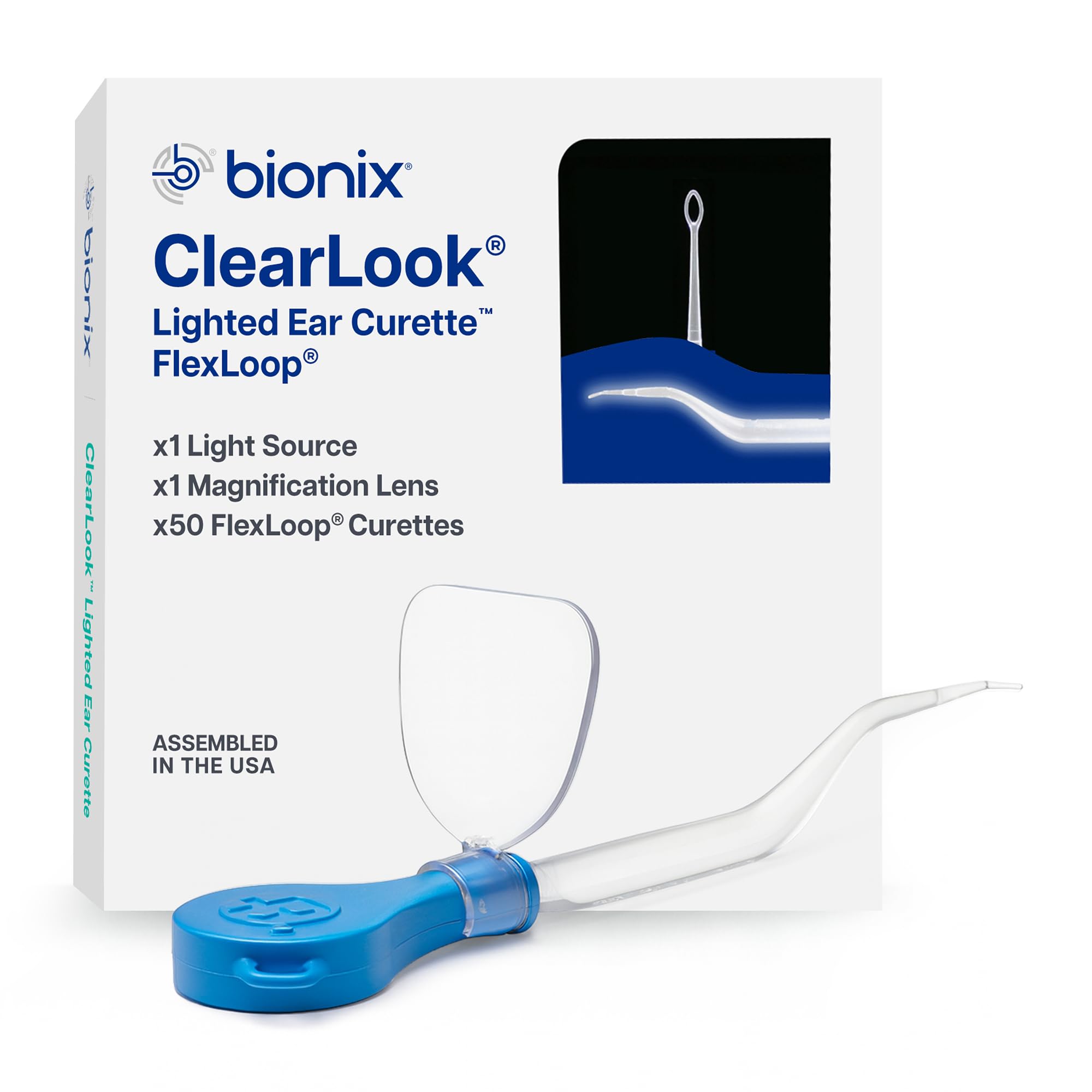 Bionix - ClearLook Lighted FlexLoop Ear Curette Tool, Earwax Removal Tool, Helps Remove Wax Buildup, Comfortable Handle Design, Easy-to-Use, Ideal for Healthcare Providers, Single-Use (50 Count)