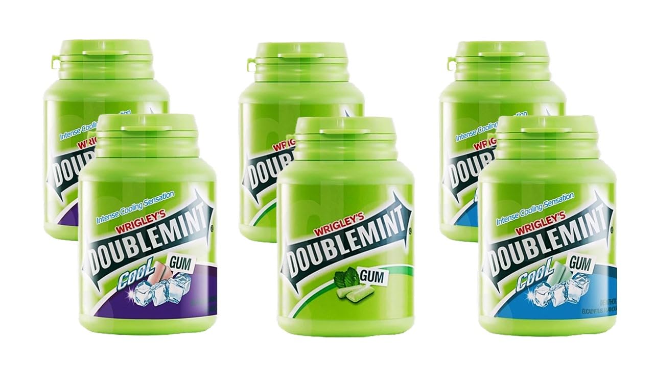 6 Bottle Chewing Gum Mint - Variety Set Pocket Bottle Travel Fun Pack, 2.05 Ounce per Bottle Doublemint (2 Peppermint, 2 Blackcurrant, 2 Menthol Eucalyptus, Pack of 6 Bottle)