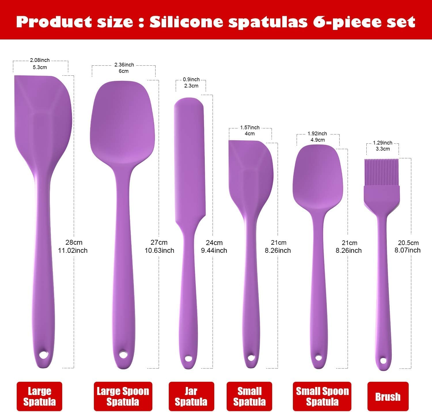 Juego de 6 espátulas de silicona de grado alimenticio, resistentes al calor, núcleo de acero inoxidable, utensilios de cocina antiadherentes para cocinar, hornear y mezclar (morado)