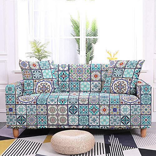 Stretch Sofabezug - Vintage Himmelblau Geometrische Sofaabdeckung rutschfest Sofa Slipcover Mit Gummizug Für Wohnzimmer Sofa Slipcover Couch Cover 1/2/3/4 Sitzer, Maschinenwaschbar, 3Seater 190,230C Cover