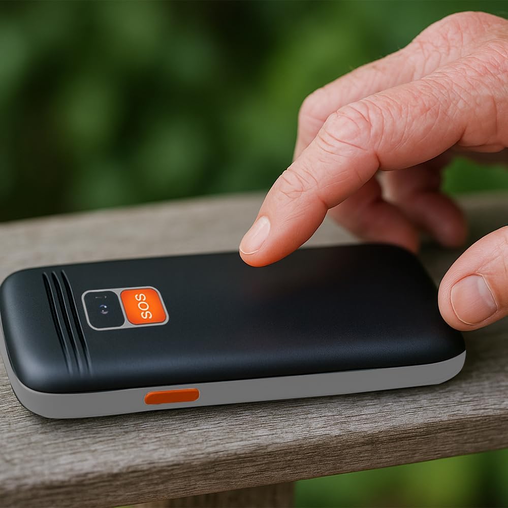 A hand pressing the orange SOS button on the back of the AIWA FPH-S100/4G mobile phone.