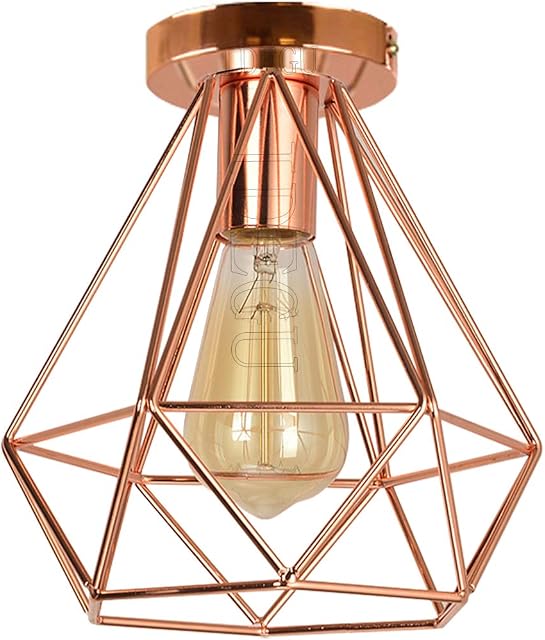iDEGU Vintage Pendant Light Industrial Metal Cage Diamond Lamp Shape E27 Ceiling Light Fixture for Bedroom, Cafe, Bar, Restaurant, Kitchen, Rose Gold (20cm)