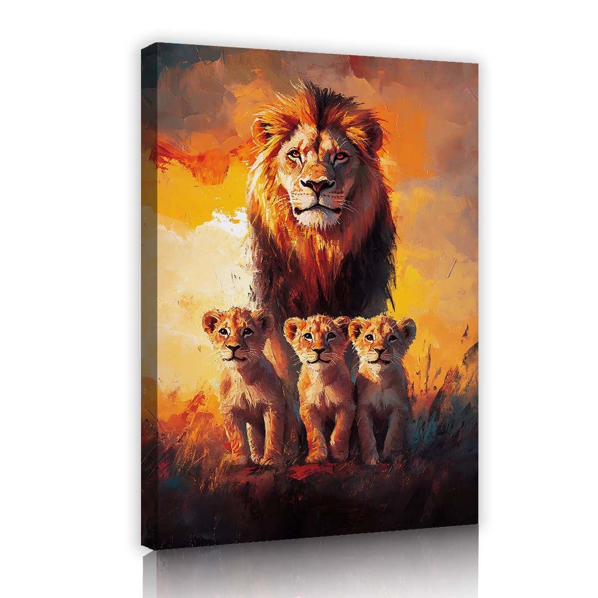 CHERHERART Lion African Savannah Wildlife Print Painting Artwork Canvas Wall Art Warm Sunset Family Canvas Poster Picture for Living Room Decor 70x110cm Innerframe