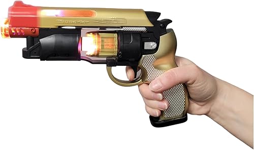 Pistola de juguete grande con luz LED con sonido (8.5) para adultos, color dorado, plateado y negro con punta naranja. Baterías incluidas (1, dorado)