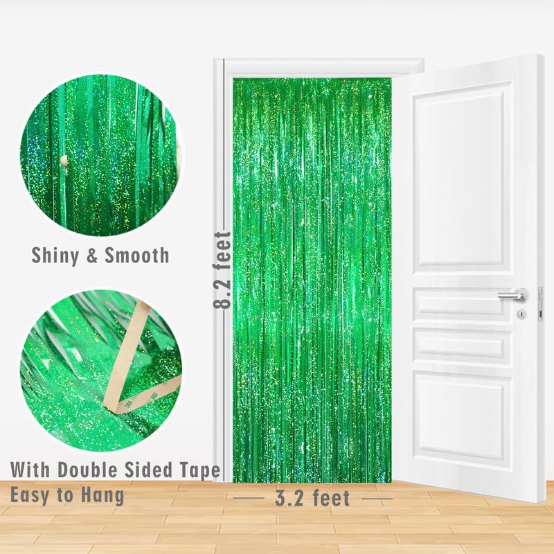 Image of GOER 3 Packs Metallic Tinsel Foil Fringe Curtains for Mermaid Birthday Party Decorations 3 Packs Shiny Green